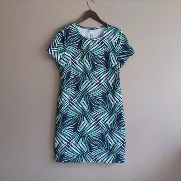 Old Navy Size Large Sleeveless Dress Womens Stretch Green Blue White Palm L SS - Picture 1 of 5